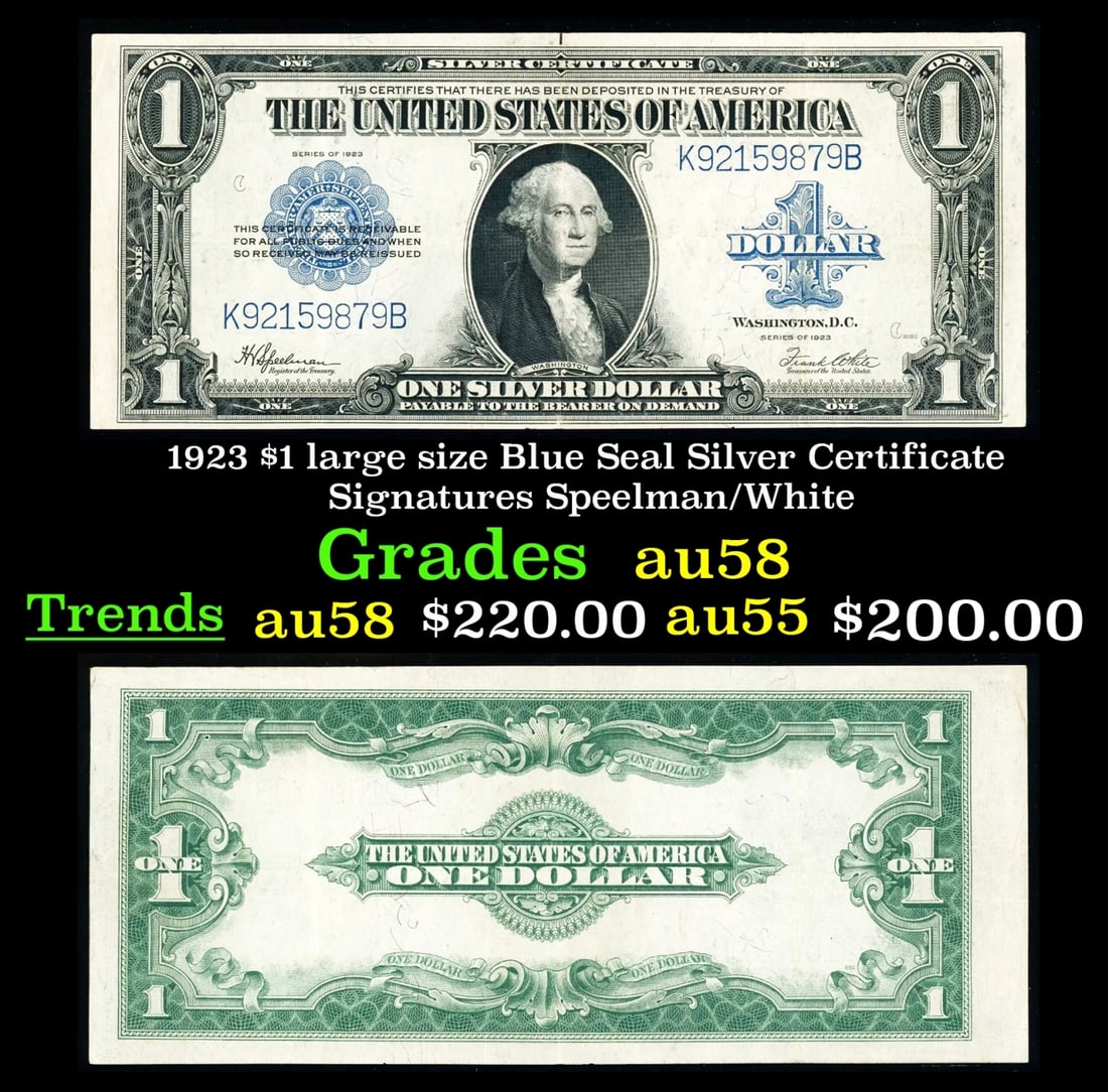 1923 $1 large size Blue Seal Silver Certificate Grades Choice AU/BU Slider Signatures Speelman/White (1 of 3)