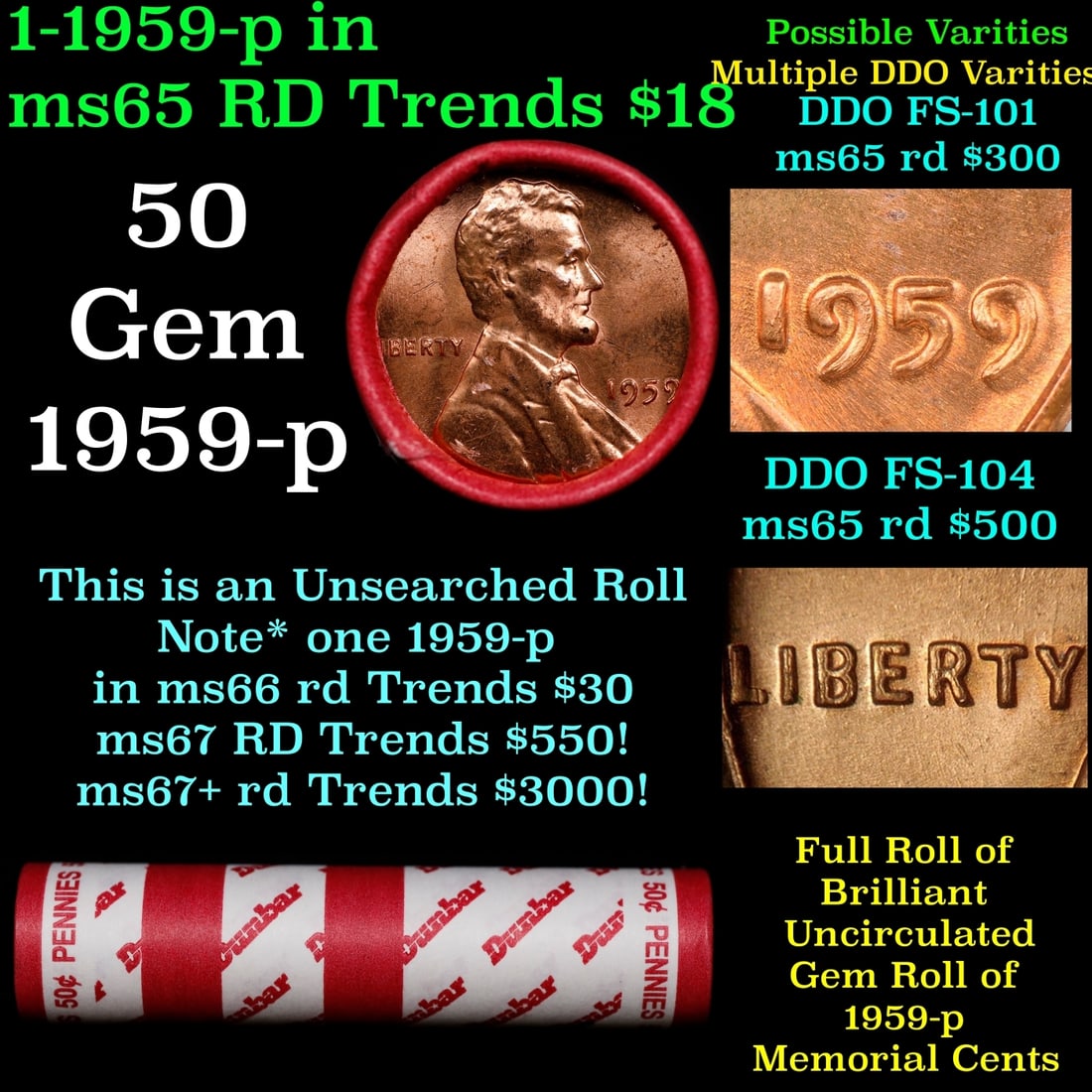 BU Shotgun Lincoln 1c roll, 1959-p 50 pcs Dunbar Wrapper 50c: BU Shotgun Lincoln 1c roll, 1959-p 50 pcs Dunbar Wrapper 50c. A terrific Shotgun roll of Lincoln cents in a Bank wrapper. Most if not all coins should be cherry red.