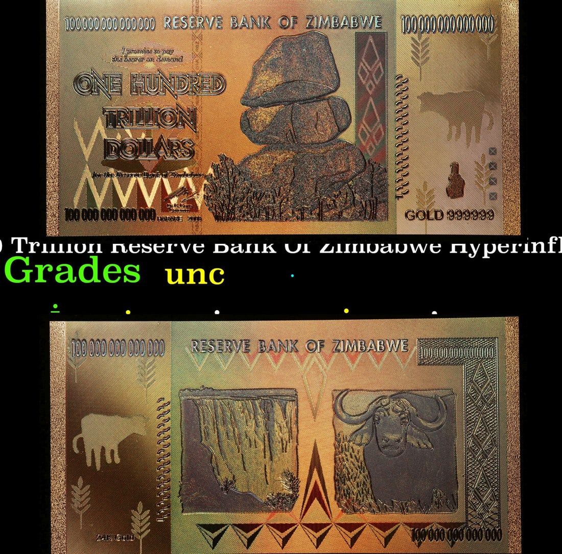 2008 100 Trillion Reserve Bank Of Zimbabwe Hyperinflation Note Grades CU: 2008 100 Trillion Reserve Bank Of Zimbabwe Hyperinflation Note Grades CU. During the years of 2008 and 2009, The inflation rate of the Zimbabwe Dollar Grew to 250,000,000% at its peak. This was later 