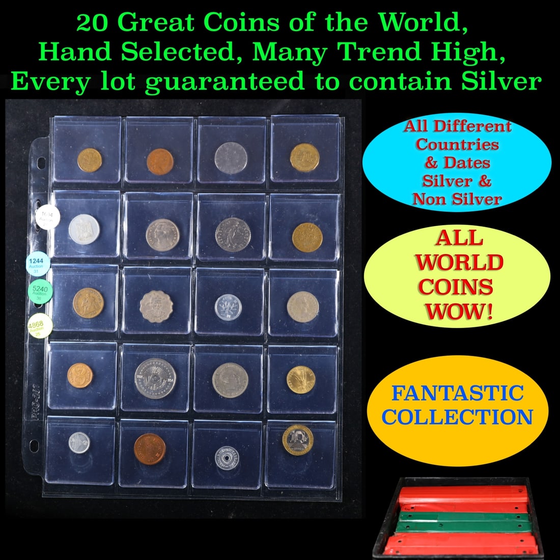 20 Great Coins of the World, hand selected, many trend high, every lot guaranteed to contain Silver.: 20 Great Coins of the World, hand selected, many trend high, every lot guaranteed to contain Silver.. We have received a huge collection of over 10 thousand US coins in flips, 2x2 holders, and 20 coin