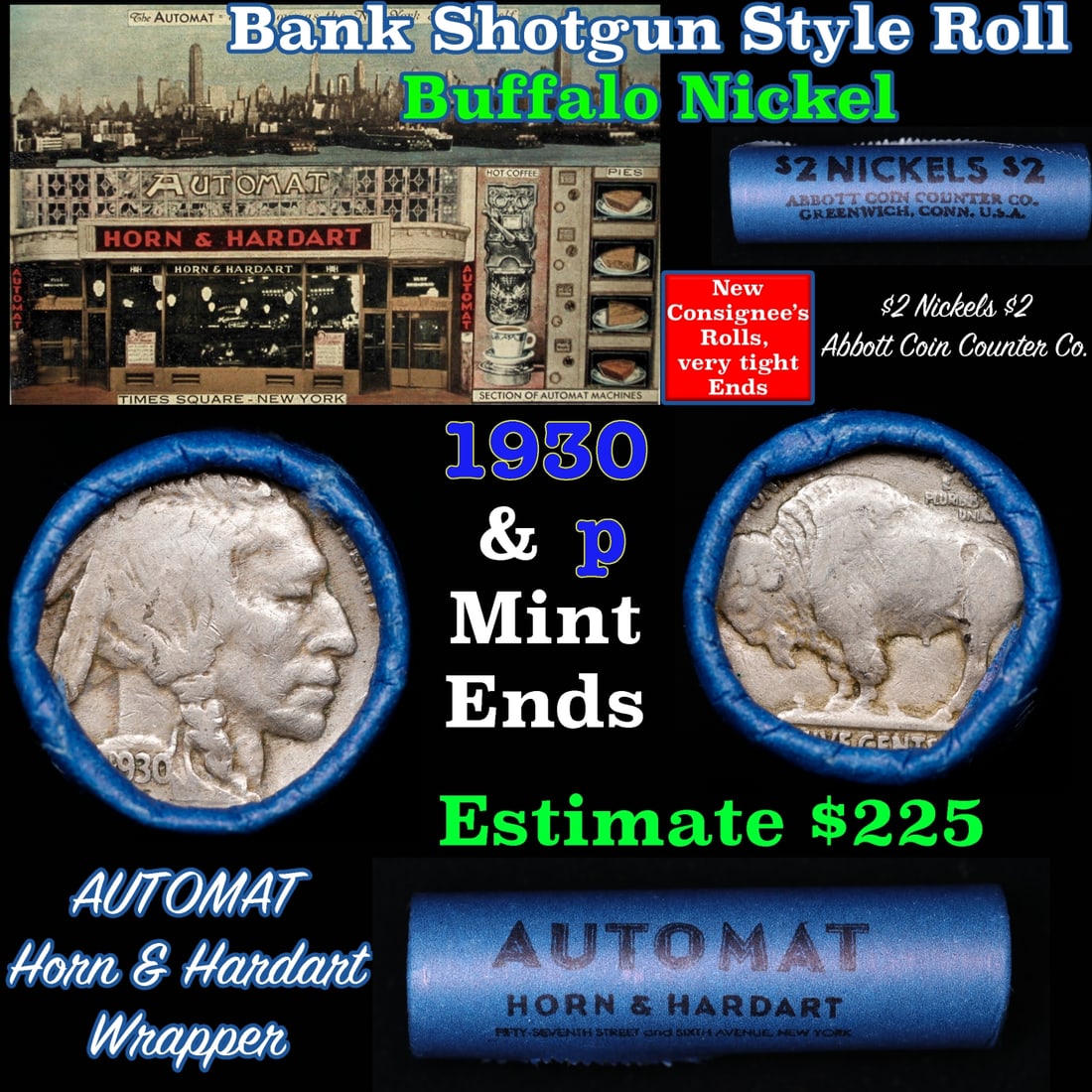 Buffalo Nickel Shotgun Roll in Old Bank Style 'Automat' Wrapper 1930 & p Mint Ends (1 of 3)