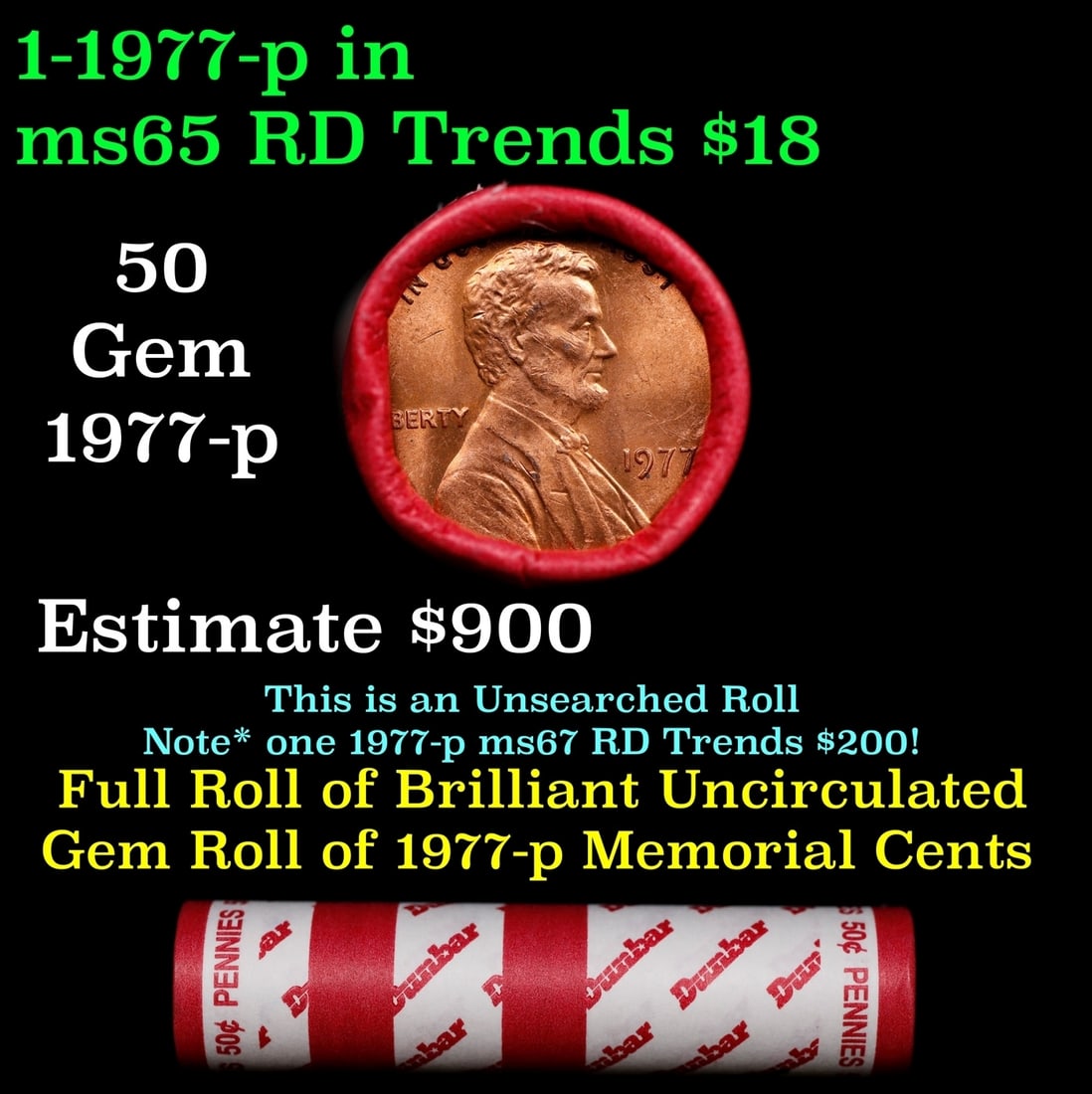 BU Shotgun Lincoln 1c roll, 1977-p 50 pcs Dunbar Wrapper 50c: BU Shotgun Lincoln 1c roll, 1977-p 50 pcs Dunbar Wrapper 50c. A terrific Shotgun roll of Lincoln cents in a Dunbar wrapper. Most if not all coins should be cherry red.