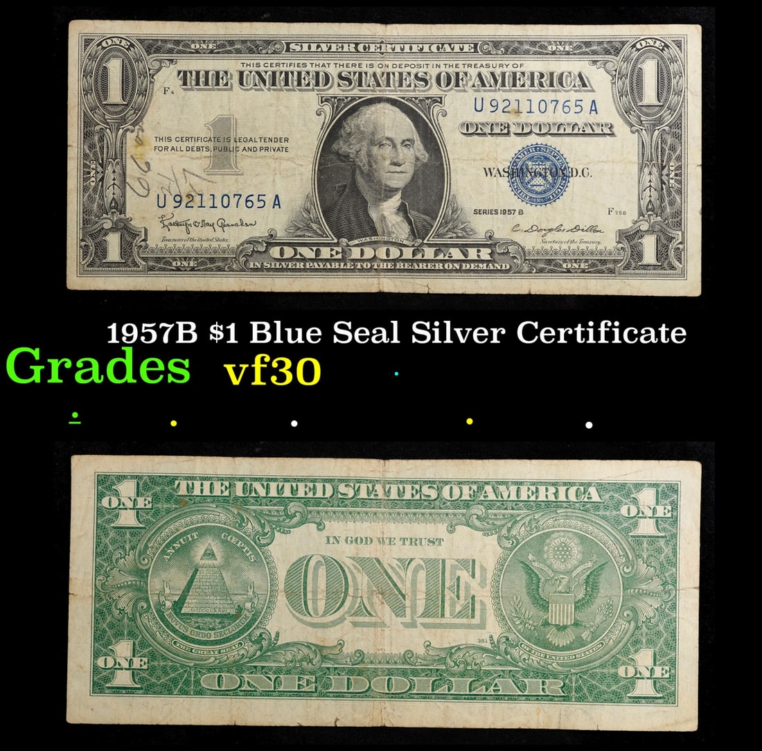 1957B $1 Blue Seal Silver Certificate vf++: 1957B $1 Blue Seal Silver Certificate vf++. FR-1621 Granahan-Dilon Silver Certificates were redeemable in Silver. One of their most distinctive qualities is the blue Treasury seal and serial numbers. 