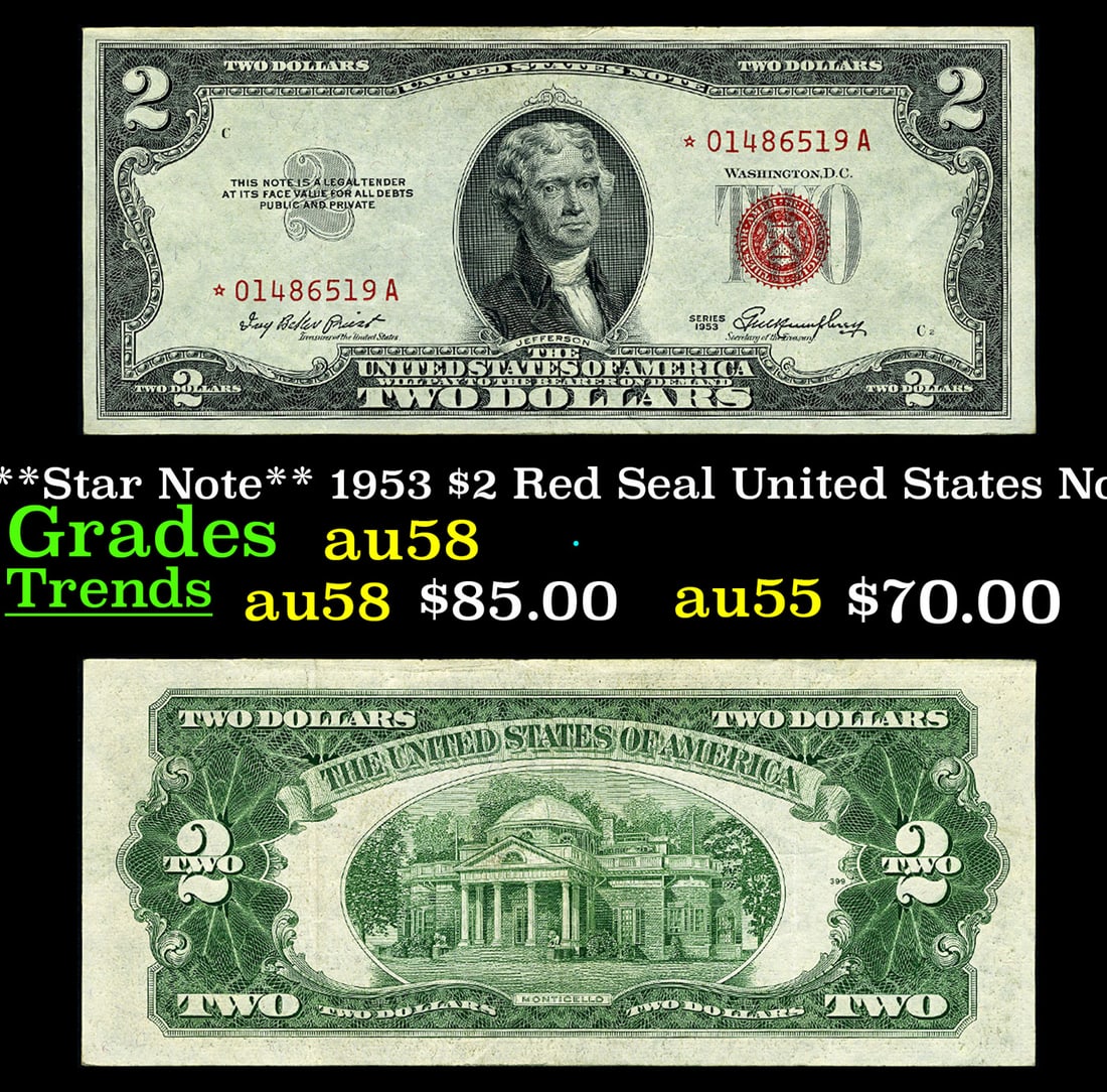 **Star Note** 1953 $2 Red Seal United States Note Grades Choice AU/BU Slider (1 of 3)
