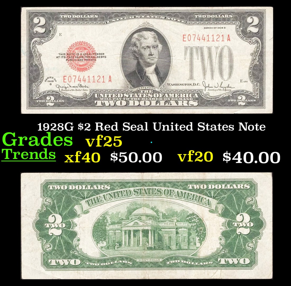 1928G $2 Red Seal United States Note Grades vf+: 1928G $2 Red Seal United States Note Grades vf+. FR-1508 Two dollar bills from the series of 1928 are called 1928 $2 legal tenders. All legal tenders have a red seal. 1928 was also the first year that