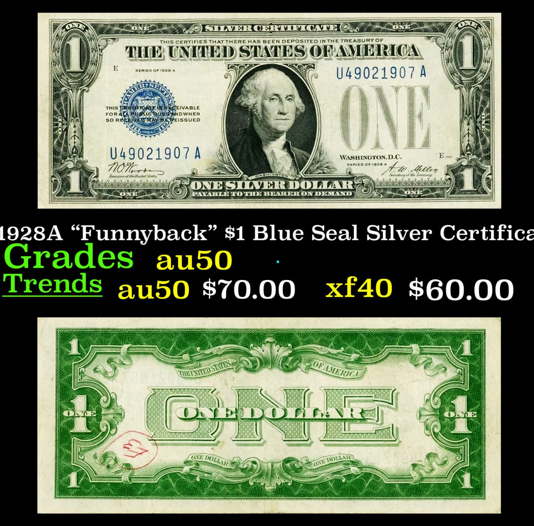 1928A "Funnyback" $1 Blue Seal Silver Certificate Grades AU, Almost Unc (1 of 3)