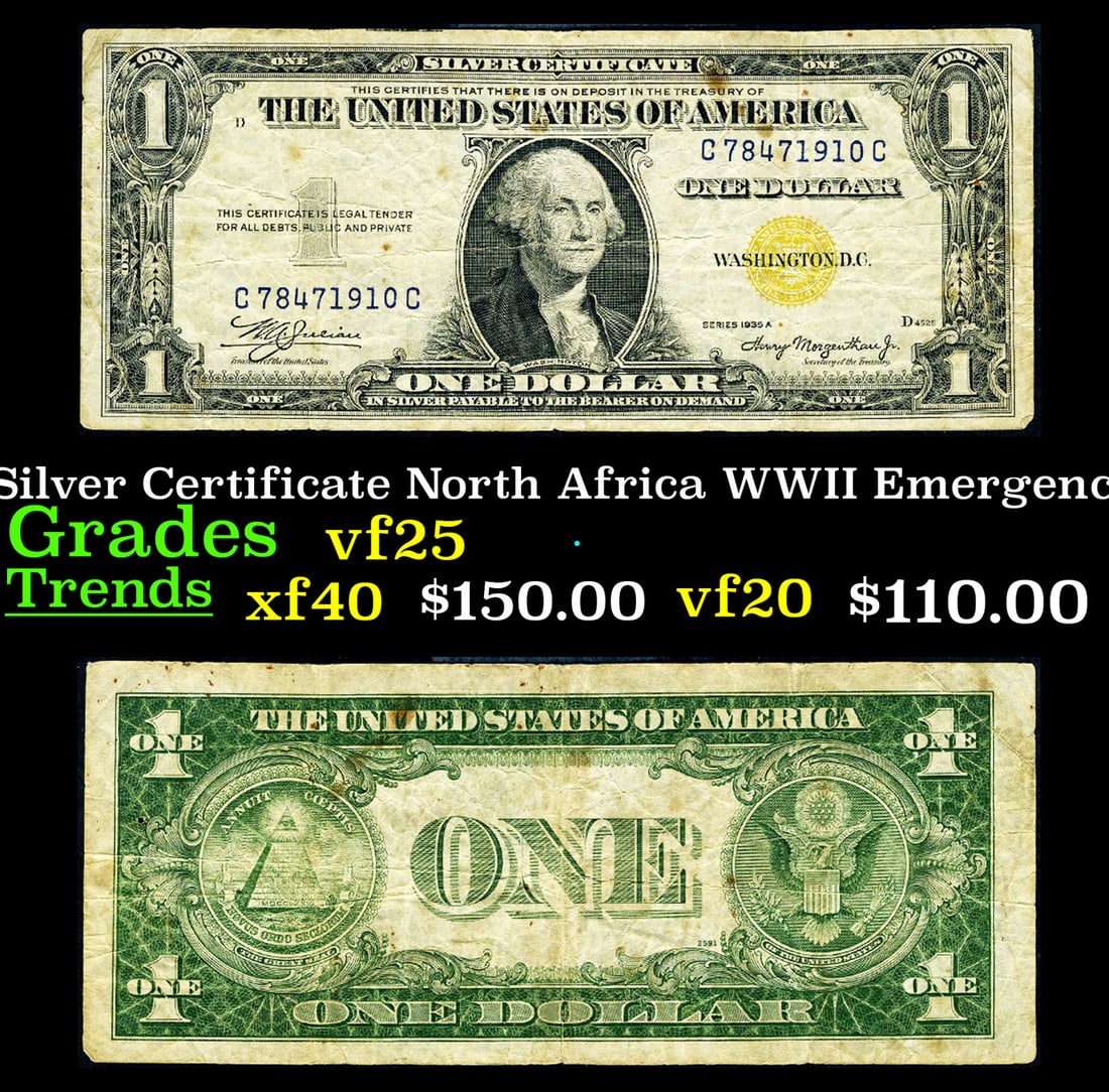 1935A $1 Silver Certificate North Africa WWII Emergency Currency Grades vf+: 1935A $1 Silver Certificate North Africa WWII Emergency Currency Grades vf+. FR-2306 Signatures of Julian & Morgenthau. It was the darkest days of World War II, just after Pearl Harbor. Were the Nazis