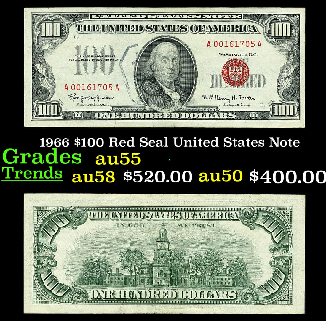 1966 $100 Red Seal United States Note Grades Choice AU (1 of 3)