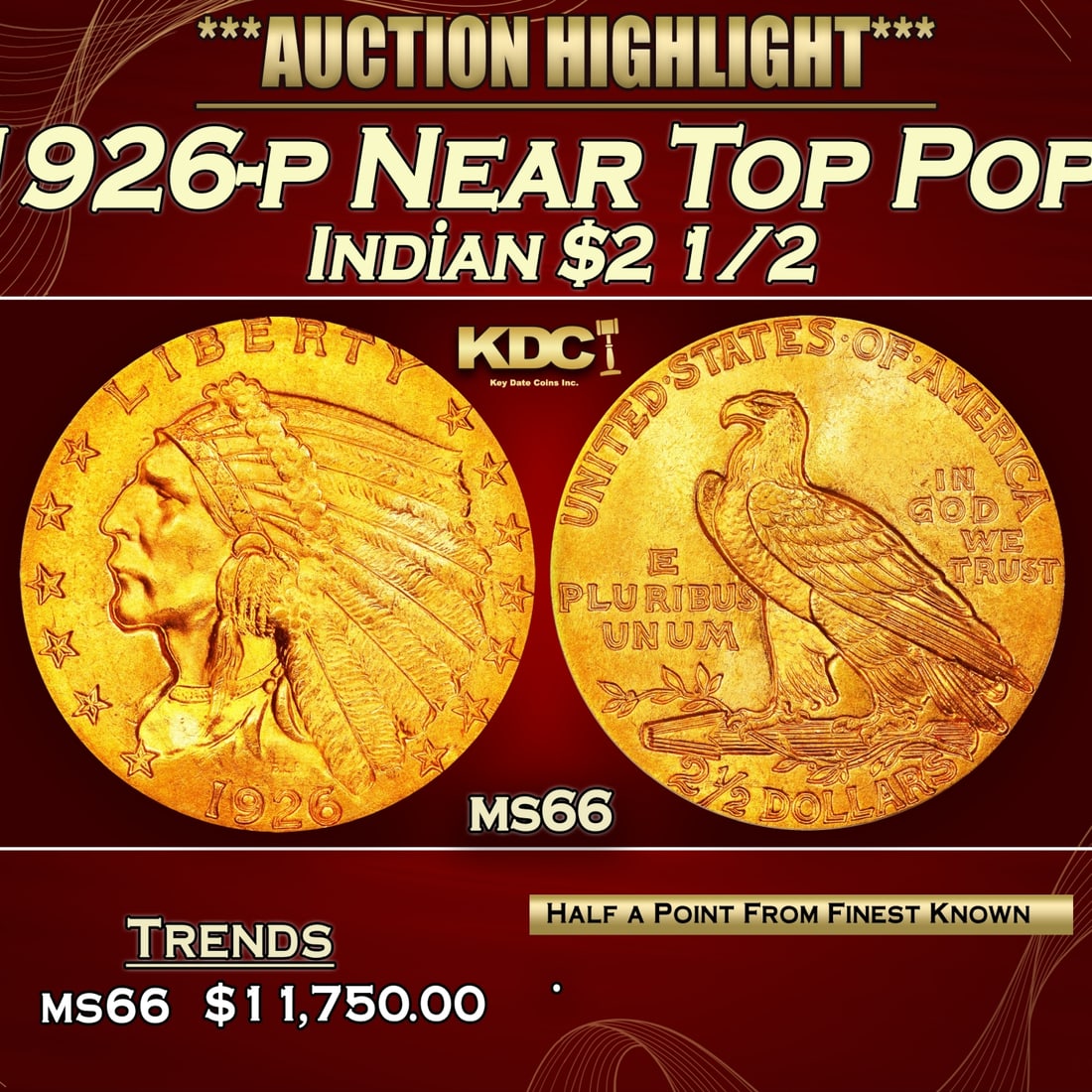 ***Major Highlight*** 1926-p Gold Indian Quarter Eagle Near Top Pop! $2 1/2 GEM+ Unc USCG (fc) (1 of 5)