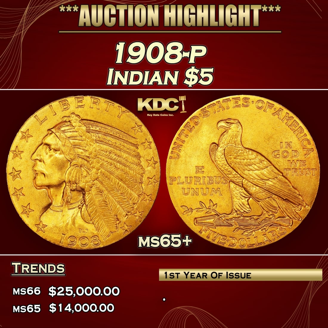 ***Major Highlight*** 1908-p Gold Indian Half Eagle $5 GEM+ Unc USCG (fc) (1 of 5)