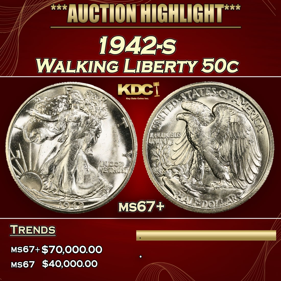 ***Major Highlight*** 1942-s Walking Liberty Half Dollar 50c ms67+ SEGS (fc) (1 of 5)