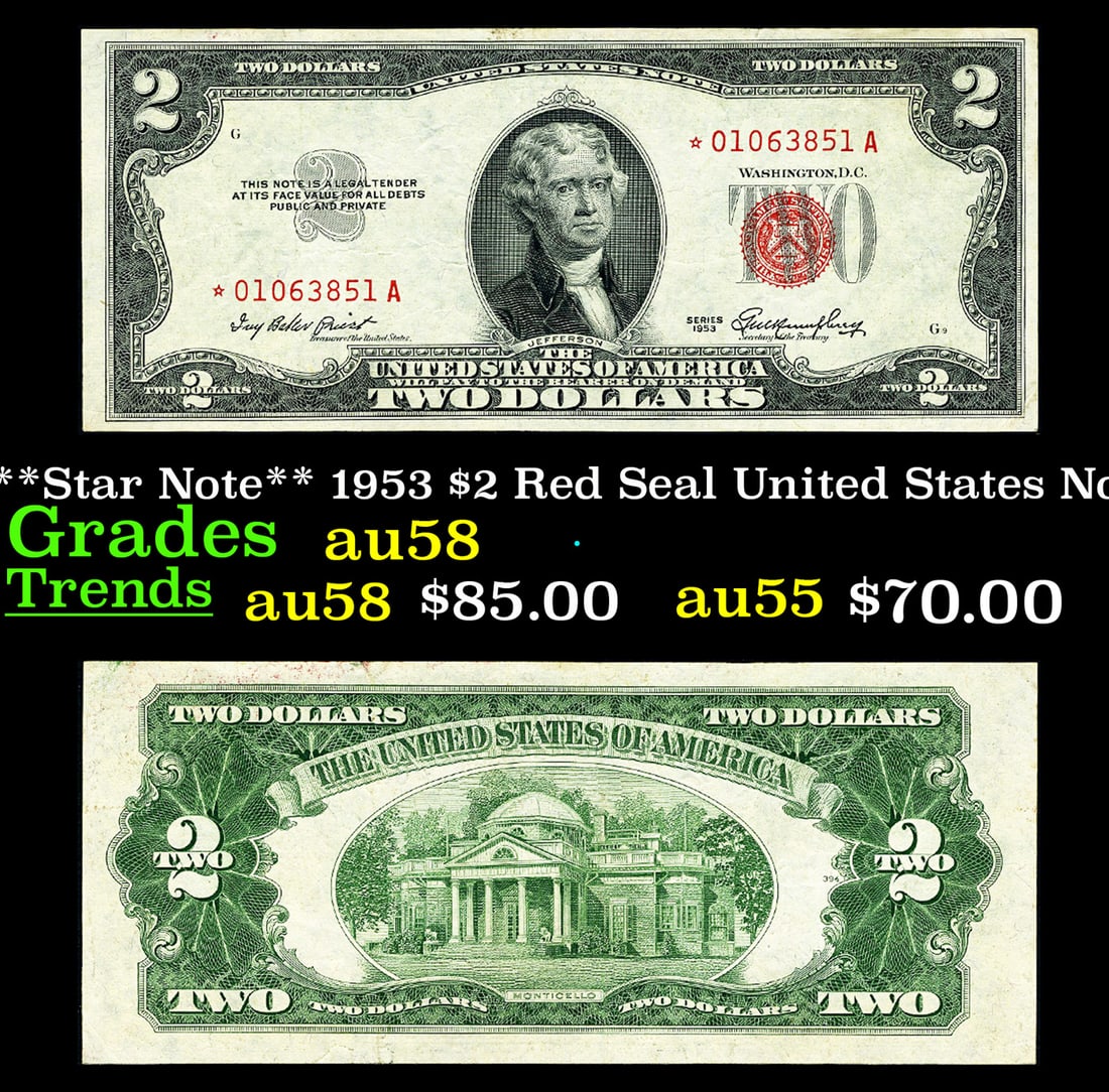 **Star Note** 1953 $2 Red Seal United States Note Grades Choice AU/BU Slider (1 of 3)