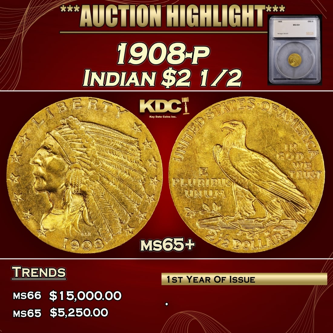 ***Major Highlight*** 1908-p Gold Indian Quarter Eagle $2 1/2 ms65+ SEGS (fc) (1 of 5)