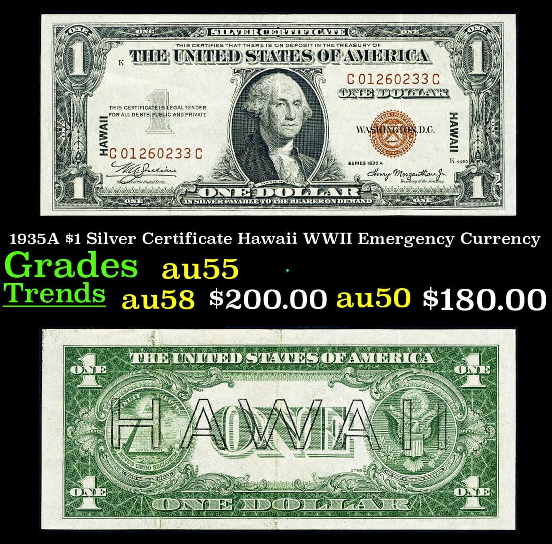 1935A $1 Silver Certificate Hawaii WWII Emergency Currency Grades Choice AU (1 of 3)
