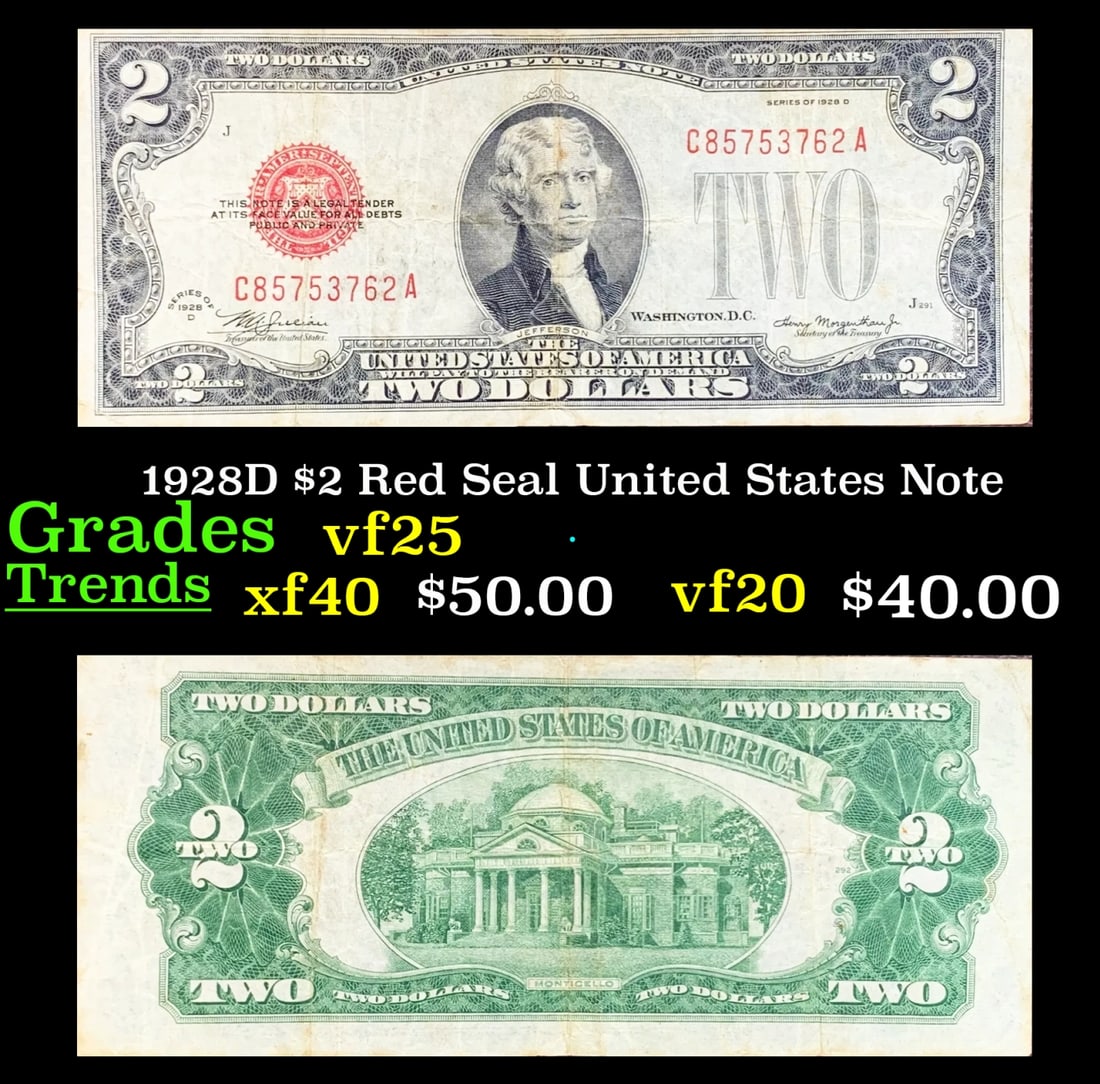 1928D $2 Red Seal United States Note Grades vf+ (1 of 3)