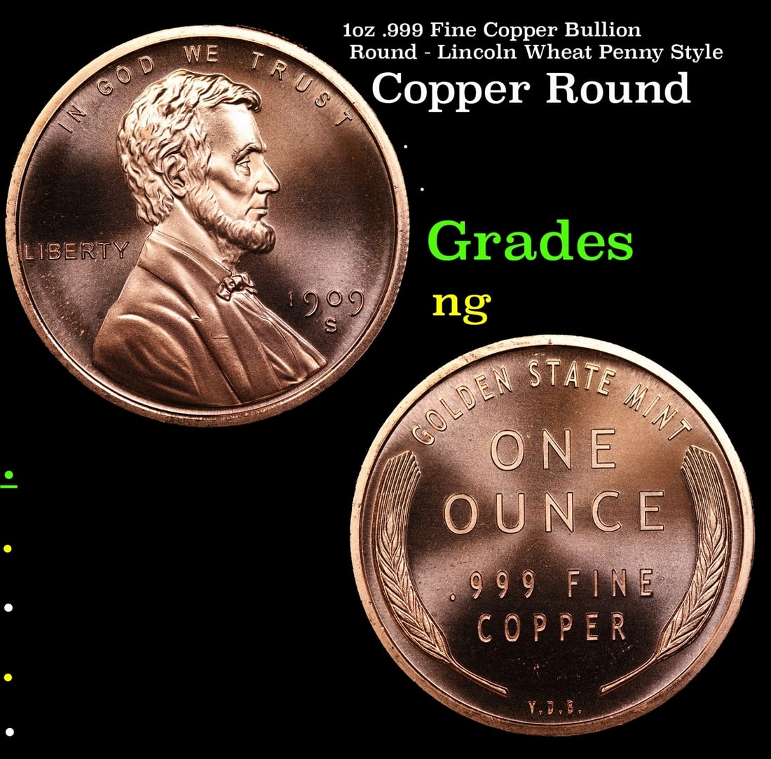 1oz .999 Fine Copper Bullion Round - Lincoln Wheat Penny Style: 1oz .999 Fine Copper Bullion Round - Lincoln Wheat Penny Style.