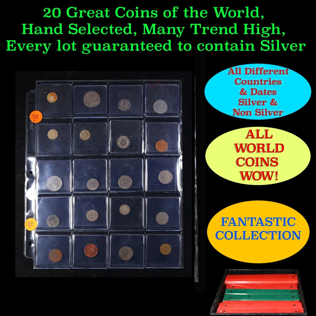 20 Great Coins of the World, hand selected, many trend high, every lot guaranteed to contain Silver.: 20 Great Coins of the World, hand selected, many trend high, every lot guaranteed to contain Silver.. We have received a huge collection of over 10 thousand US coins in flips, 2x2 holders, and 20 coin