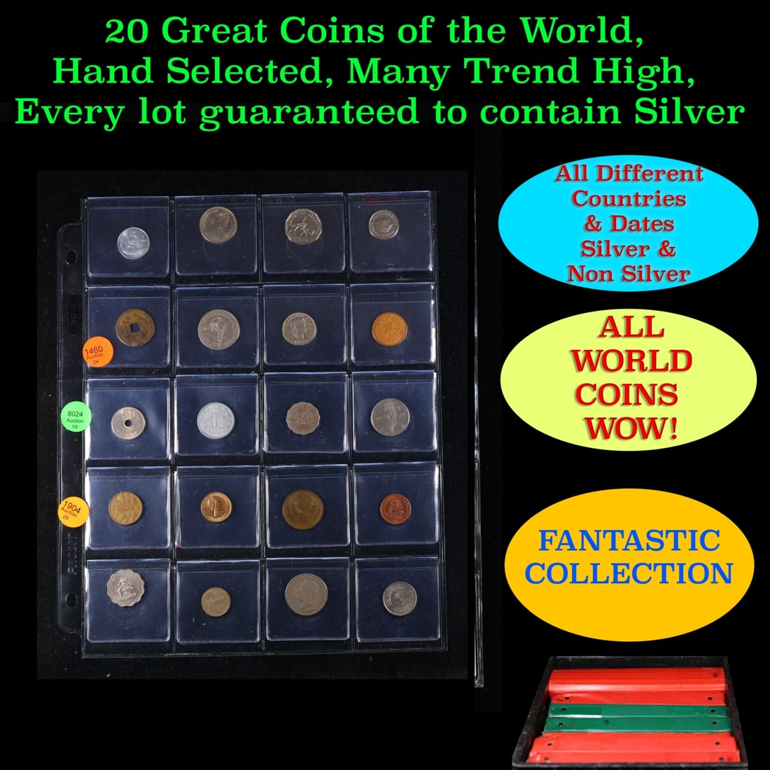 20 Great Coins of the World, hand selected, many trend high, every lot guaranteed to contain Silver.: 20 Great Coins of the World, hand selected, many trend high, every lot guaranteed to contain Silver.. We have received a huge collection of over 10 thousand US coins in flips, 2x2 holders, and 20 coin