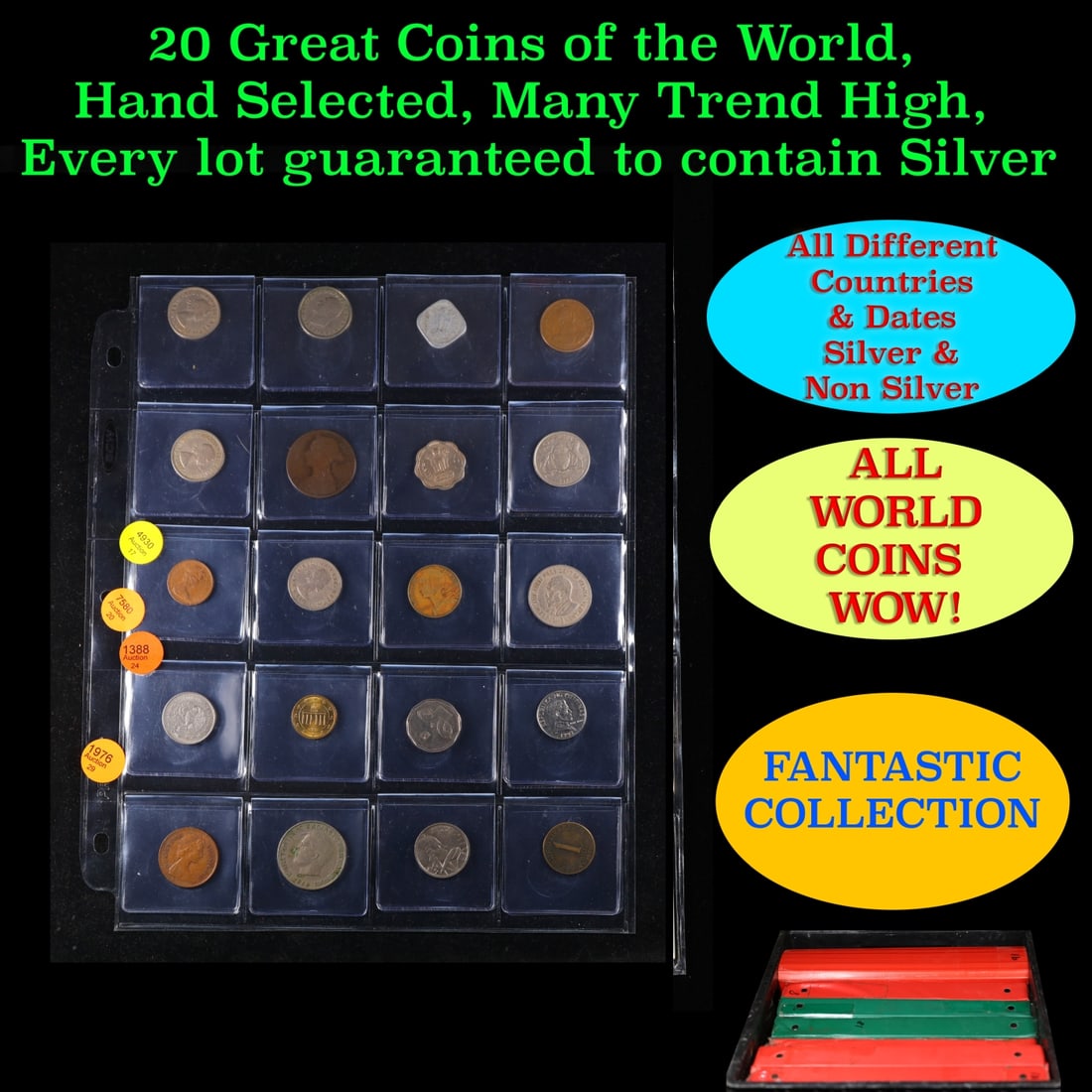 20 Great Coins of the World, hand selected, many trend high, every lot guaranteed to contain Silver.: 20 Great Coins of the World, hand selected, many trend high, every lot guaranteed to contain Silver.. We have received a huge collection of over 10 thousand US coins in flips, 2x2 holders, and 20 coin