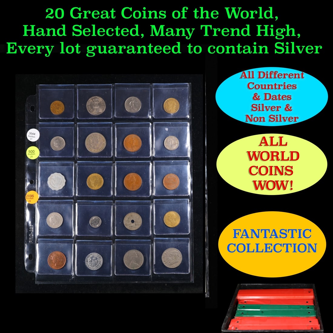 20 Great Coins of the World, hand selected, many trend high, every lot guaranteed to contain Silver.: 20 Great Coins of the World, hand selected, many trend high, every lot guaranteed to contain Silver.. We have received a huge collection of over 10 thousand US coins in flips, 2x2 holders, and 20 coin
