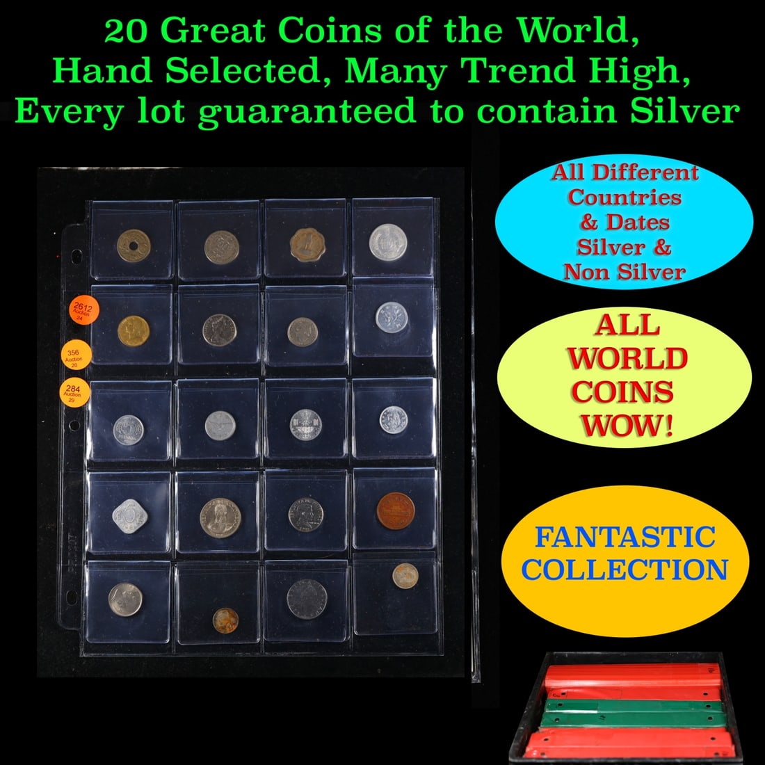 20 Great Coins of the World, hand selected, many trend high, every lot guaranteed to contain Silver.: 20 Great Coins of the World, hand selected, many trend high, every lot guaranteed to contain Silver.. We have received a huge collection of over 10 thousand US coins in flips, 2x2 holders, and 20 coin