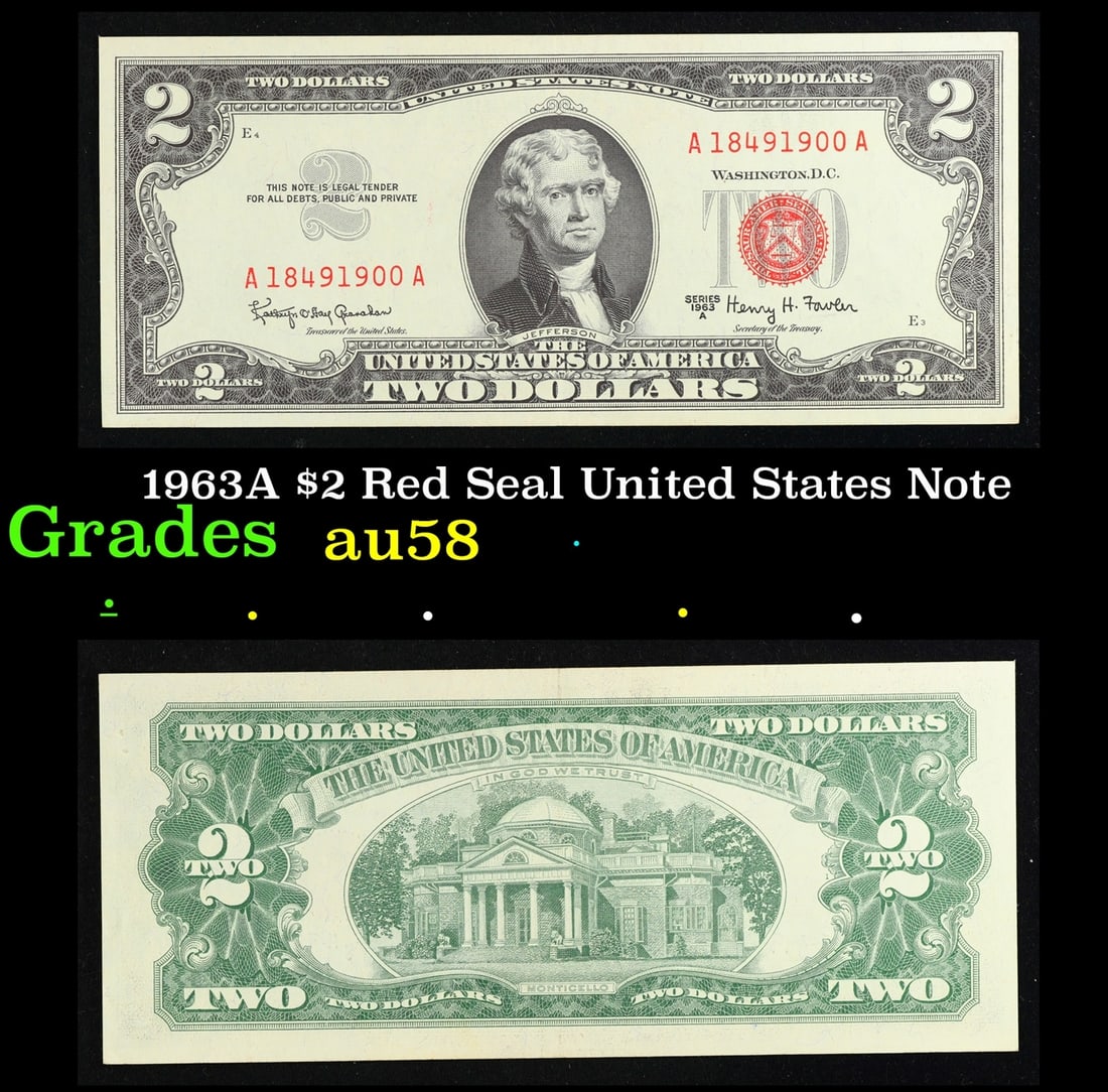 1963A $2 Red Seal United States Note Grades Choice AU/BU Slider (1 of 3)