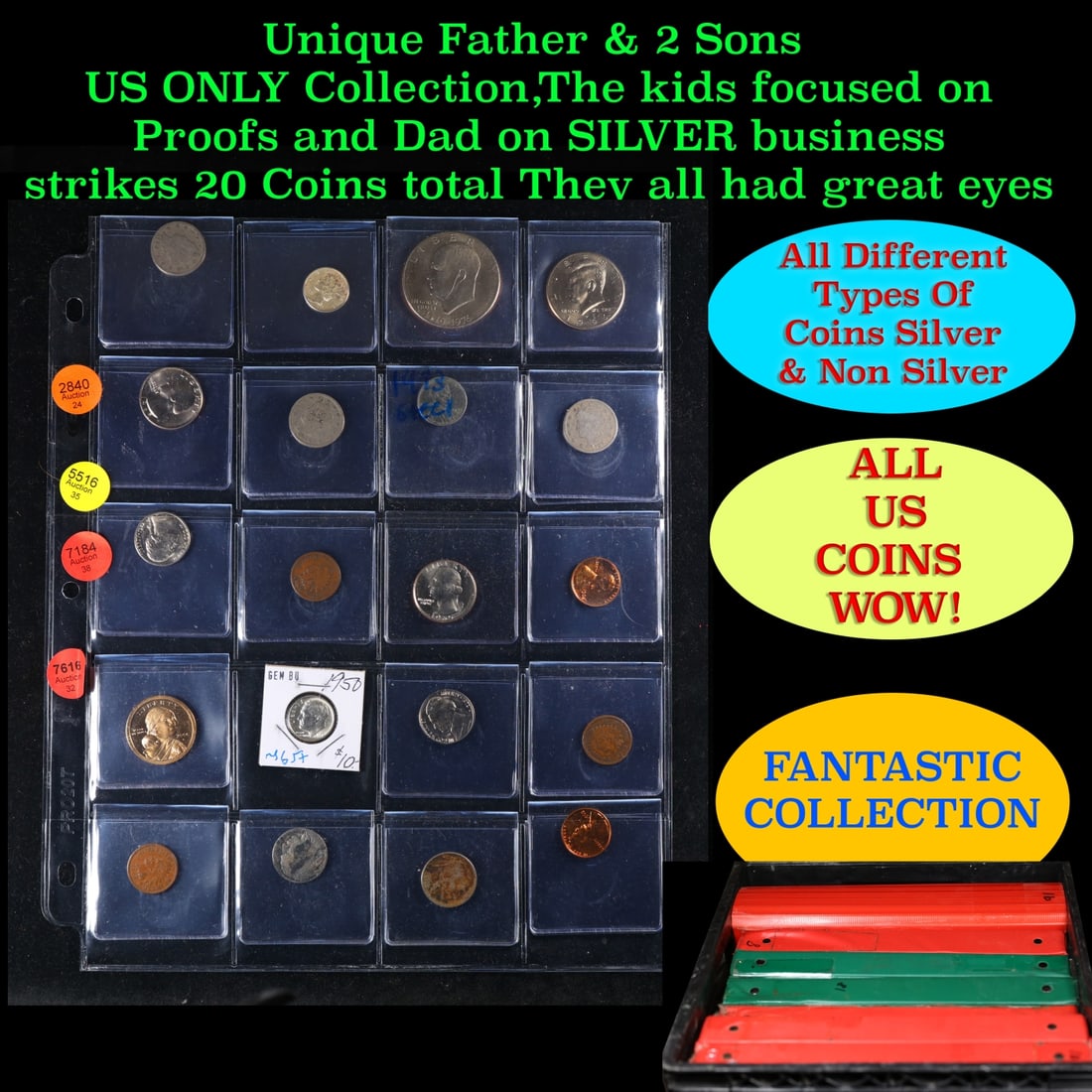 Unique Father & 2 Sons US ONLY Collection,The kids focused on Proofs and Dad on SILVER business: Unique Father & 2 Sons US ONLY Collection,The kids focused on Proofs and Dad on SILVER business strikes 20 Coins total They all had great eyes. We have received a huge collection of over 10 thousand U