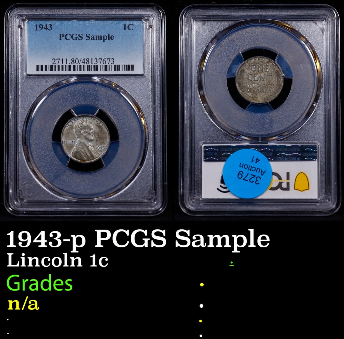 1943-p Lincoln Cent PCGS Sample 1c n/a PCGS: 1943-p PCGS Sample Lincoln Cent 1c n/a PCGS. One year type coin. The much heralded, "Steel" WWII cent. Great example of a favorite coin. The 1943-p Wartime issue Steel Cent.