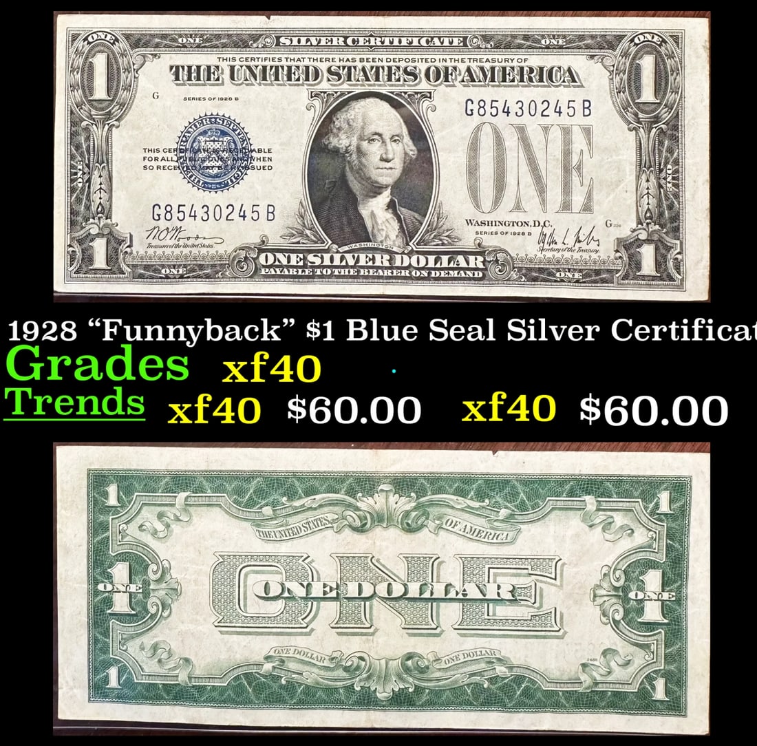 1928 "Funnyback" $1 Blue Seal Silver Certificate Grades xf (1 of 3)