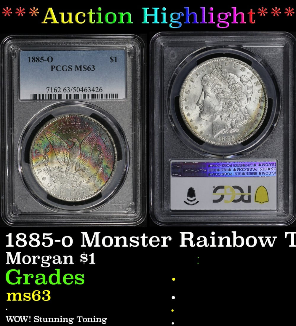 ***Major Highlight*** 1885-o Morgan Dollar Monster Rainbow Toned $1 ms63 PCGS (fc) (1 of 5)