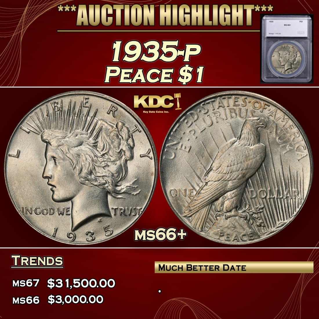 ***Major Highlight*** 1935-p Peace Dollar $1 ms66+ SEGS (fc) (1 of 5)