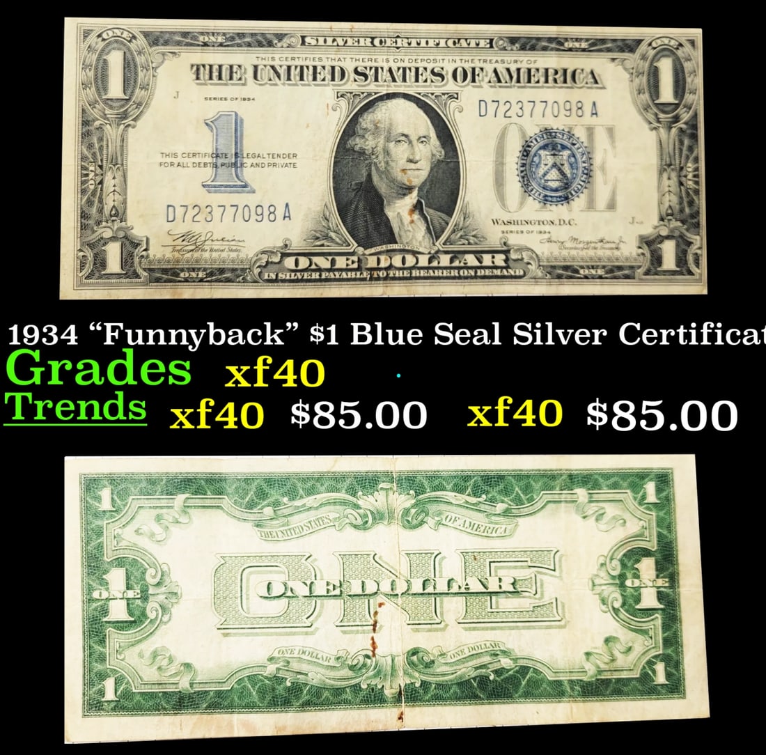 1934 "Funnyback" $1 Blue Seal Silver Certificate Grades xf (1 of 3)
