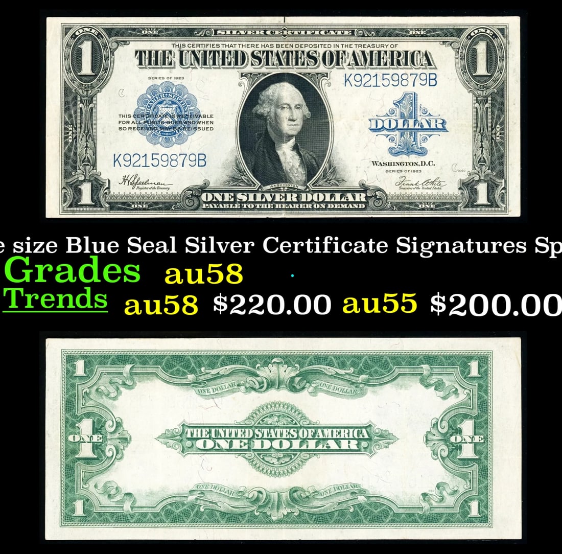 1923 $1 large size Blue Seal Silver Certificate Grades Choice AU/BU Slider Signatures Speelman/White (1 of 3)