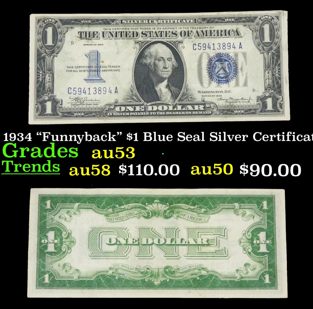 1934 "Funnyback" $1 Blue Seal Silver Certificate Grades Select AU (1 of 3)