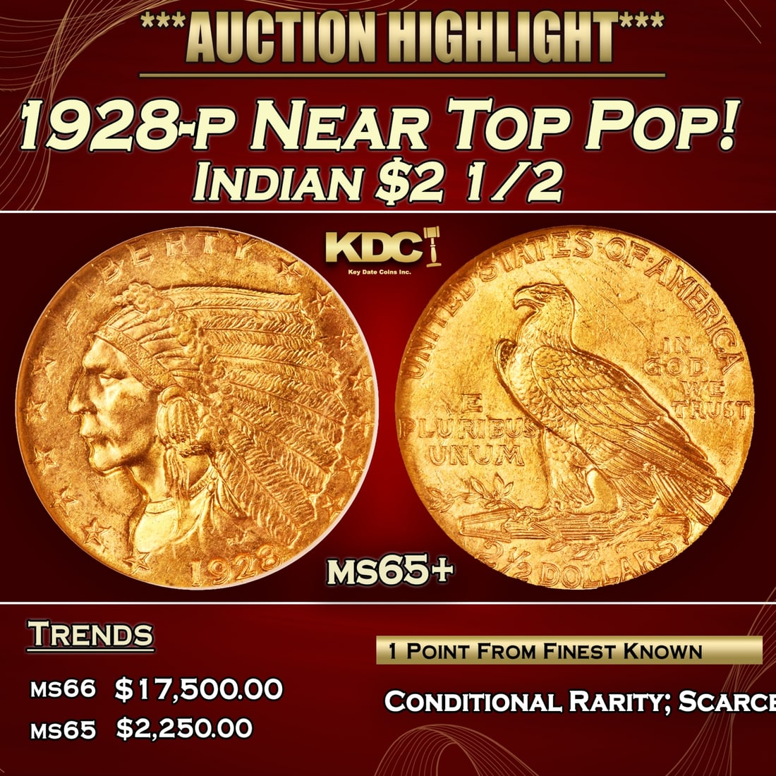 ***Major Highlight*** 1928-p Gold Indian Quarter Eagle Near Top Pop! $2 1/2 ms65+ SEGS (fc): ***Major Highlight*** 1928-p Near Top Pop! Gold Indian Quarter Eagle $2 1/2 ms65+ SEGS. Per David Akers of PCGS" The 1928 is slightly more rare overall than the 1926 and 1927 and although MS-63 or les