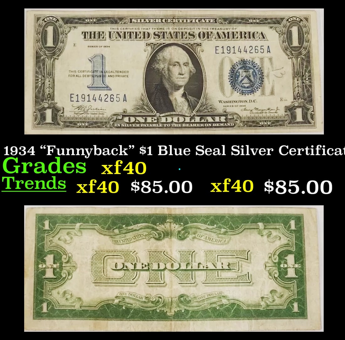 1934 "Funnyback" $1 Blue Seal Silver Certificate Grades xf (1 of 3)