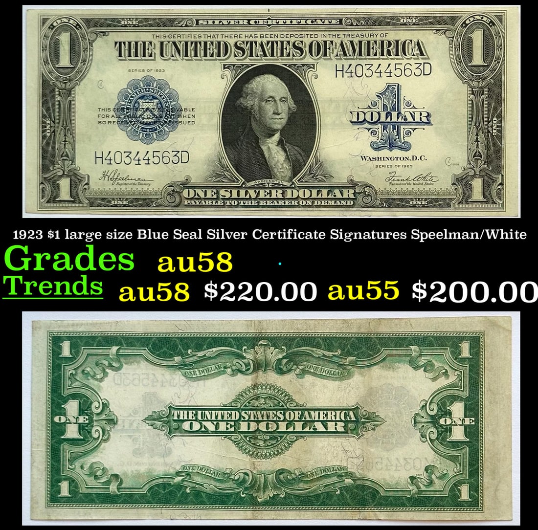 1923 $1 large size Blue Seal Silver Certificate Grades Choice AU/BU Slider Signatures Speelman/White (1 of 3)