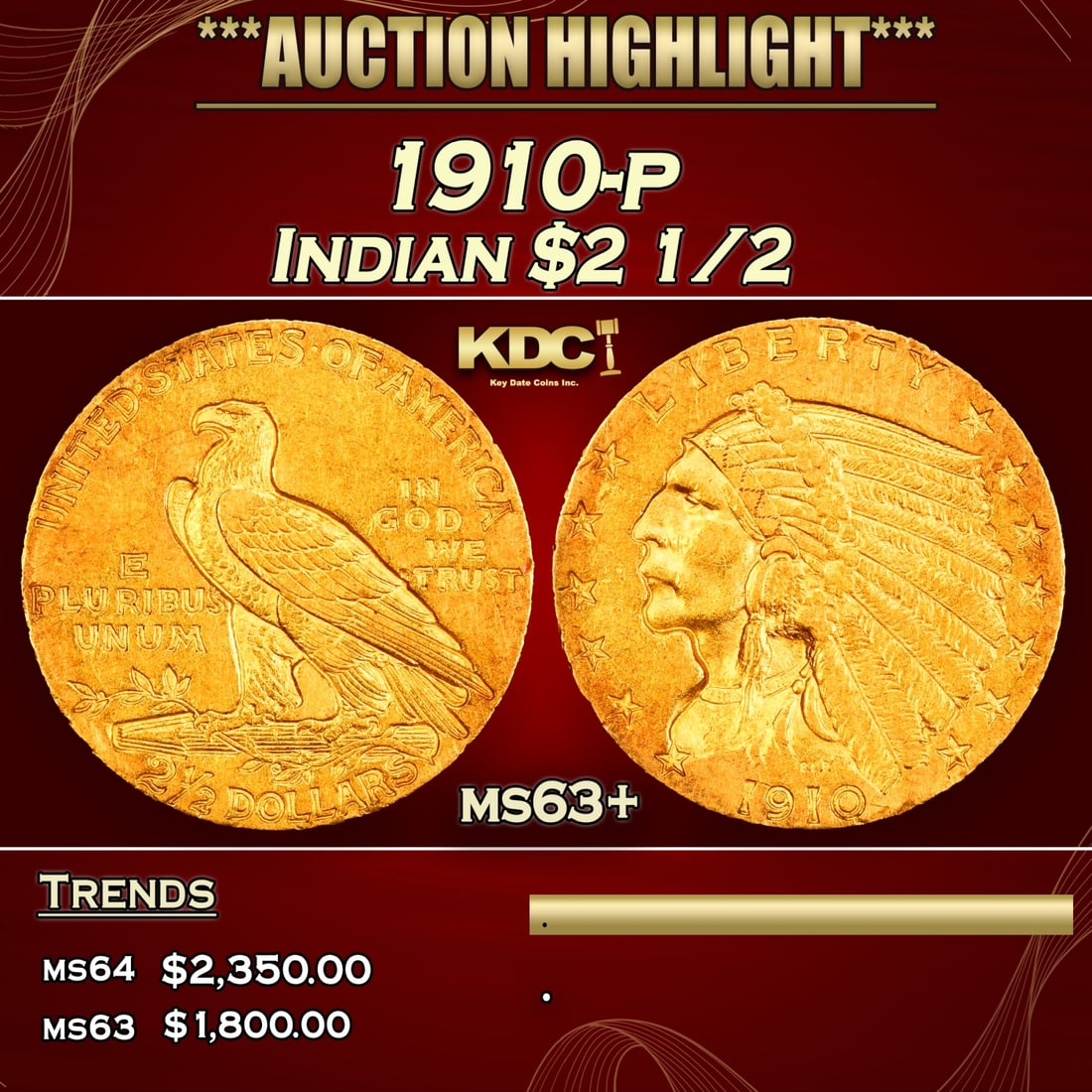 ***Major Highlight*** 1910-p Gold Indian Quarter Eagle $2 1/2 Select+ Unc USCG (fc) (1 of 5)