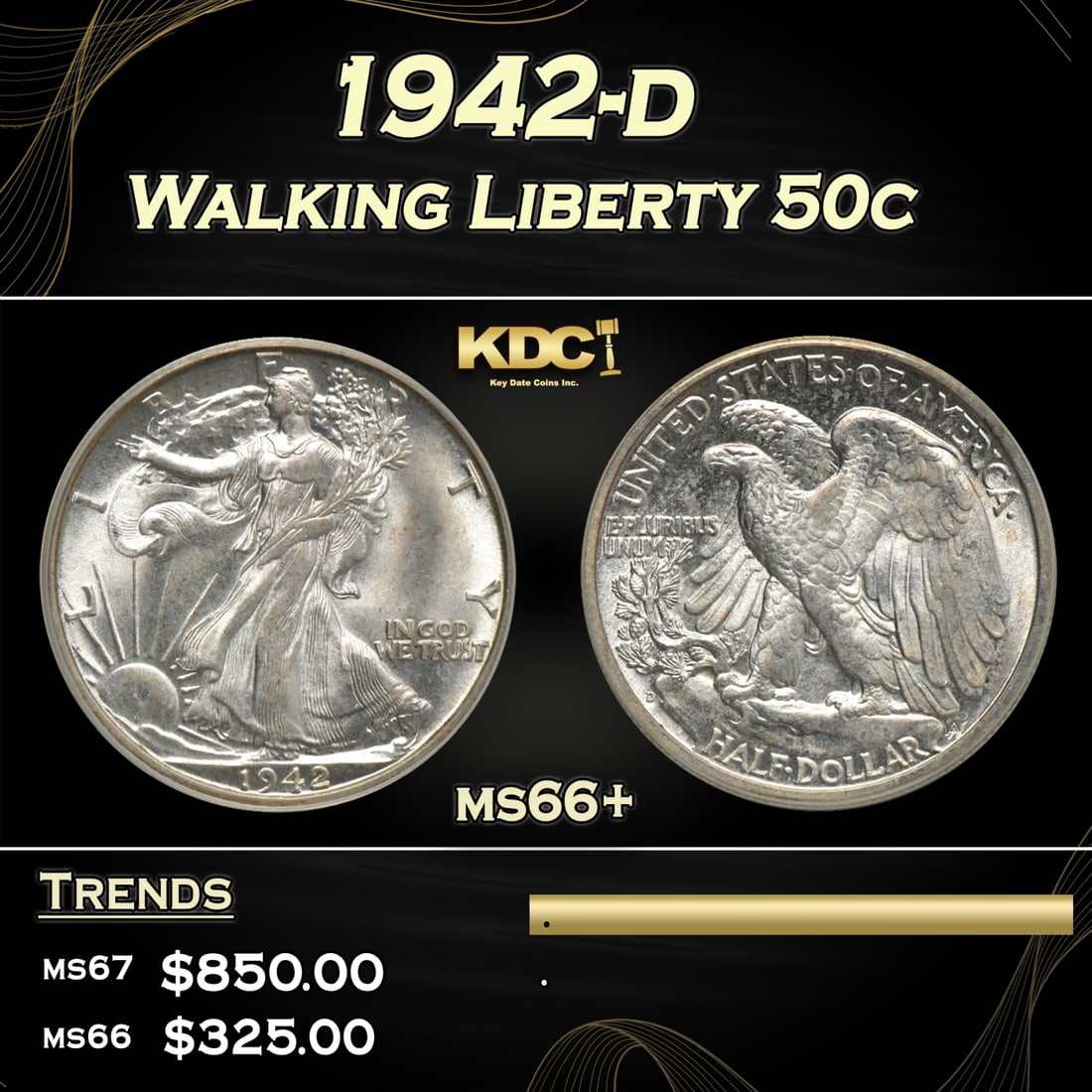 1942-d Walking Liberty Half Dollar 50c Grades GEM++ Unc: 1942-d Walking Liberty Half Dollar 50c Grades GEM++ Unc.
