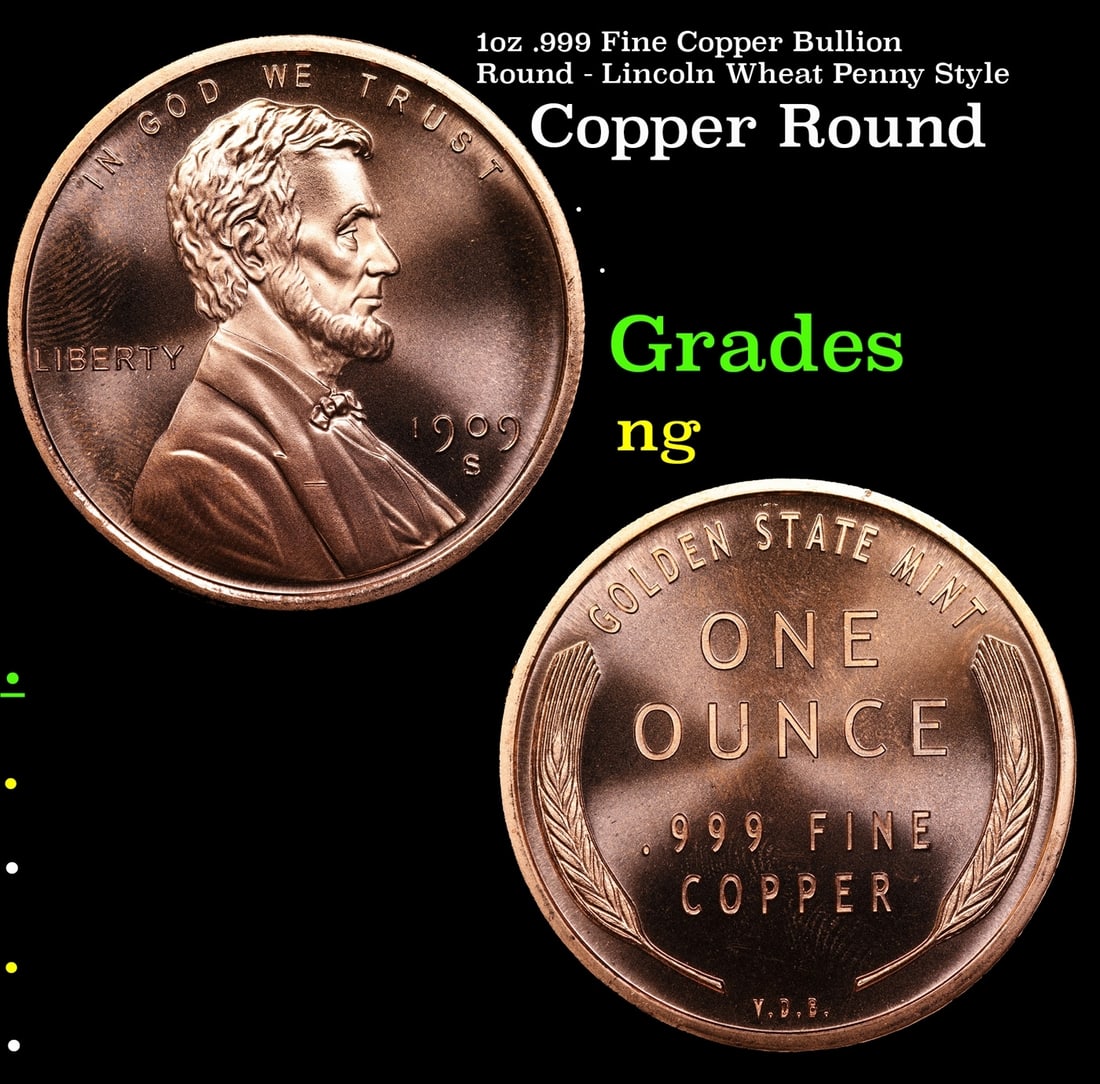 1oz .999 Fine Copper Bullion Round - Lincoln Wheat Penny Style: 1oz .999 Fine Copper Bullion Round - Lincoln Wheat Penny Style.