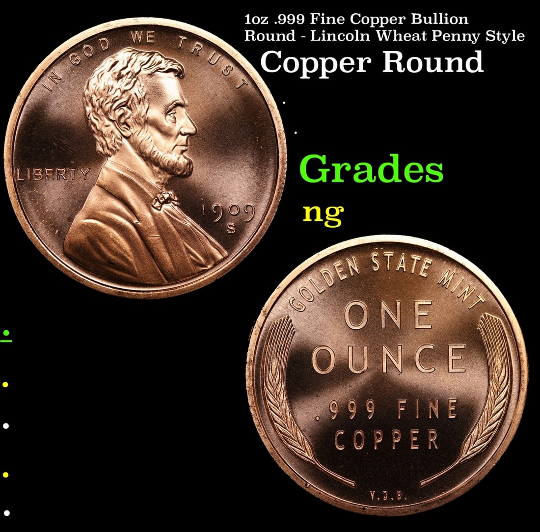 1oz .999 Fine Copper Bullion Round - Lincoln Wheat Penny Style: 1oz .999 Fine Copper Bullion Round - Lincoln Wheat Penny Style.