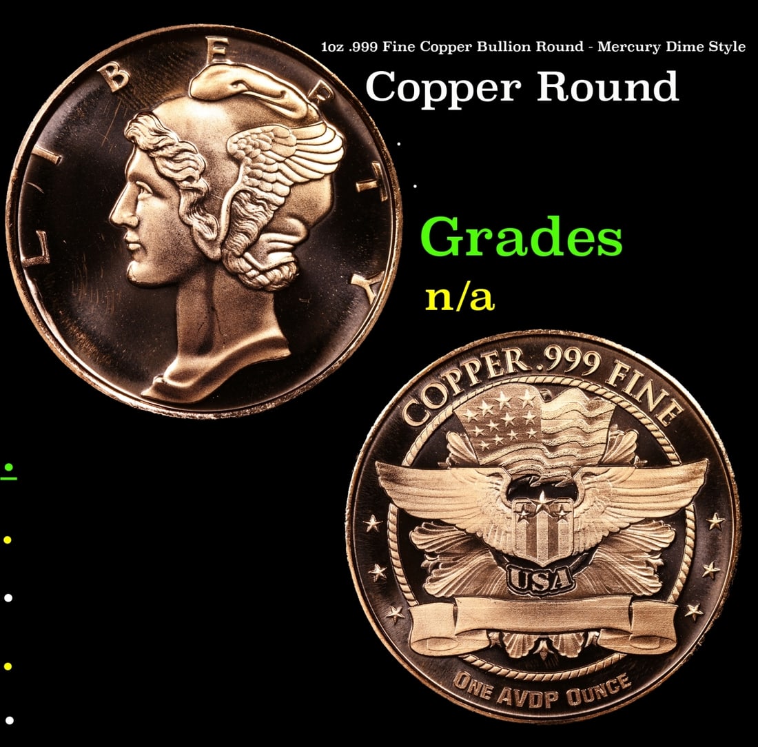 1oz .999 Fine Copper Bullion Round - Mercury Dime Style Grades Ungraded (1 of 3)