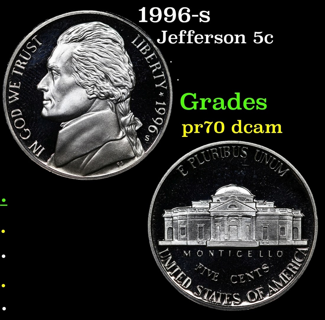 1996-s Proof Jefferson Nickel 5c Grades GEM++ Proof Deep Cameo (1 of 3)