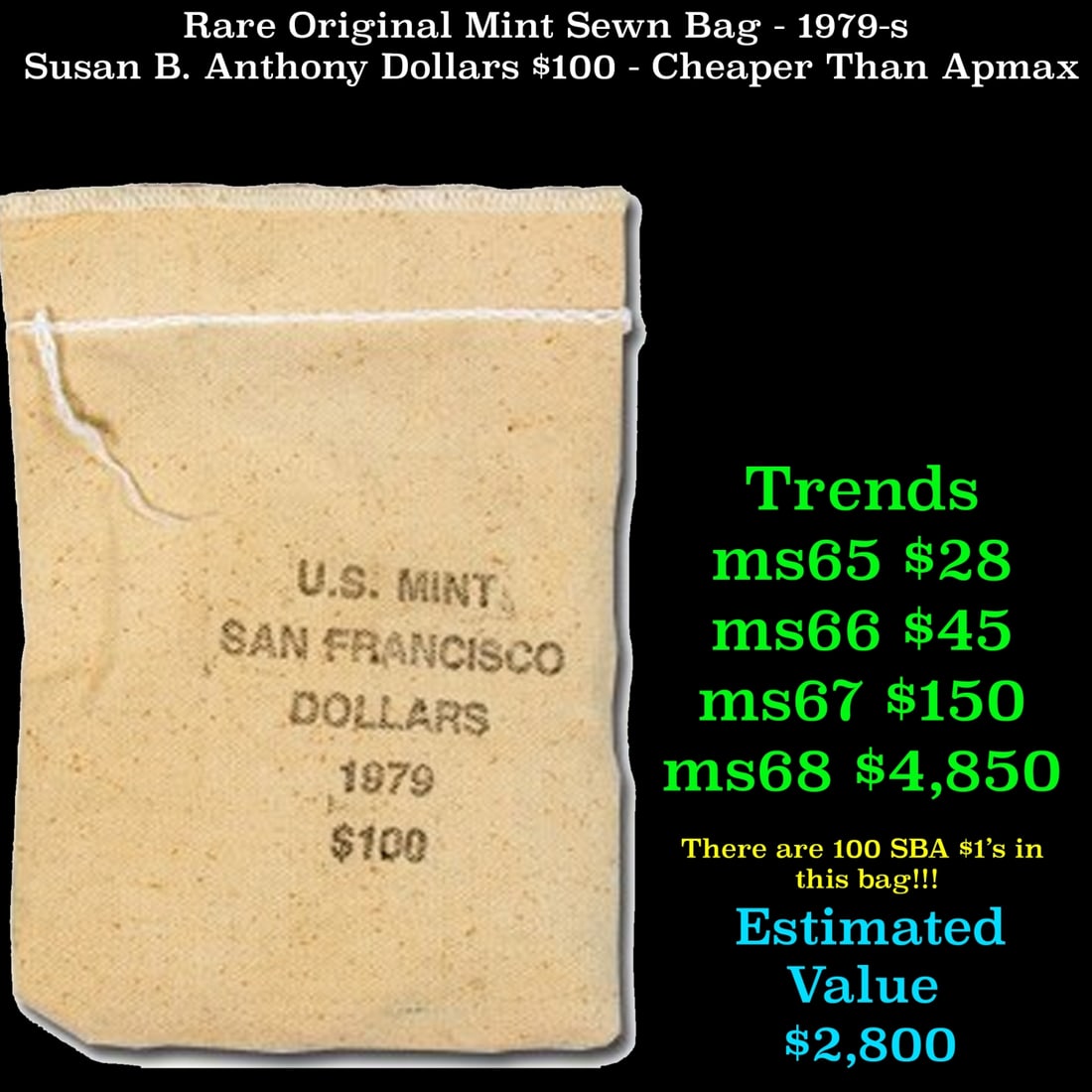 Rare Original Mint Sewn Bag - 1979-s Susan B. Anthony Dollars $100 - Cheaper Than Apmax (1 of 1)