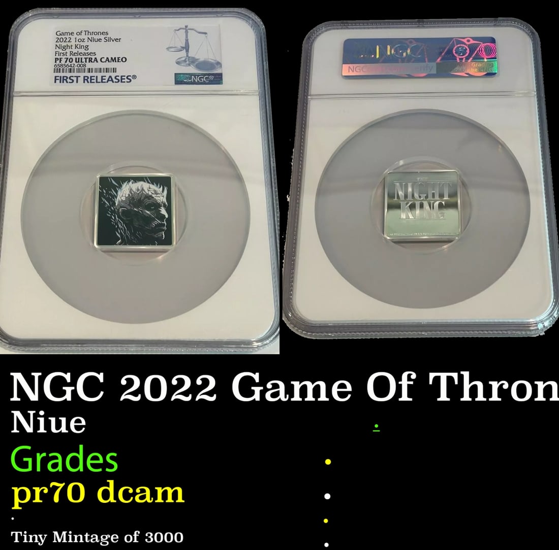 NGC 2022 Game Of Thrones The Night King 1oz Silver Medallion Oversized Slab Proof pr70 dcam NGC: NGC 2022 Game Of Thrones The Night King 1oz Silver Medallion Oversized Slab pr70 dcam NGC. 1 oz Silver Game of Thrones™ Night King Medallion (2022)The Night King 1oz Silver Medallion is the captivat