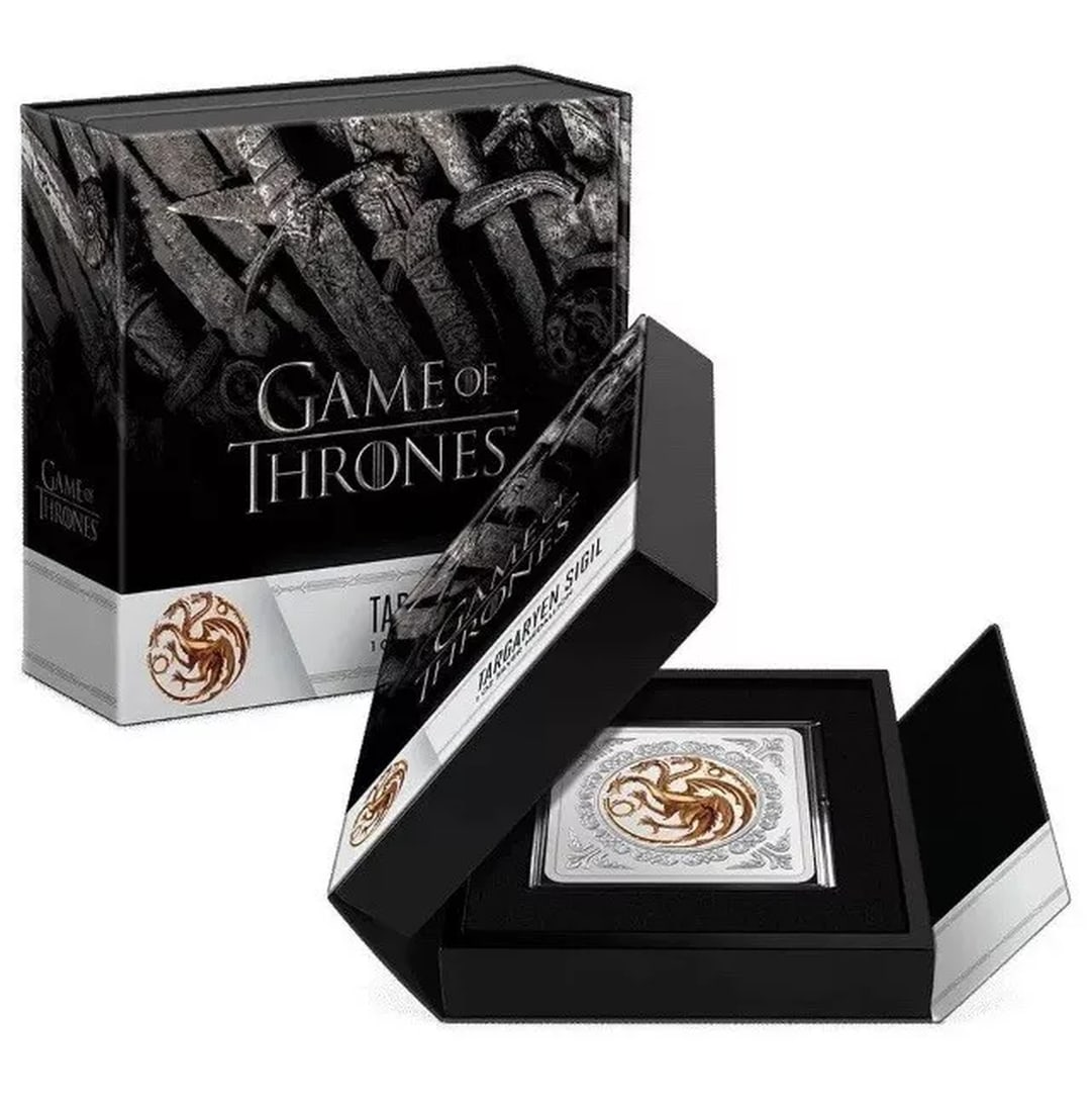 2022 Game OF Thrones Targaryen Sigil 1 oz .999 Silver Proof Medallion: 2022 Game OF Thrones Targaryen Sigil 1 oz .999 Silver Proof Medallion. The Targaryen Sigil 1 oz Silver Medallion is the first release in the new Game of Thrones™ Collection. This square badge featur
