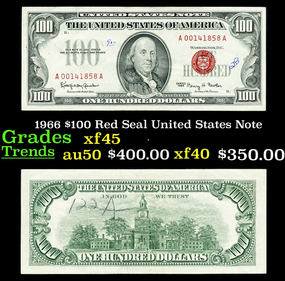 1966 $100 Red Seal United States Note Grades xf+ (1 of 3)