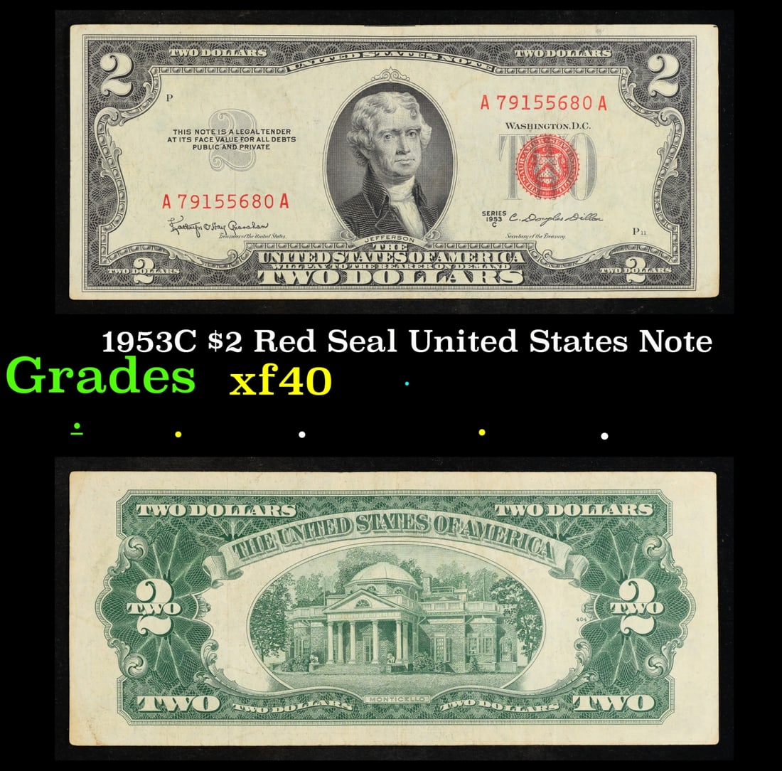 1953C $2 Red Seal United States Note Grades xf (1 of 3)