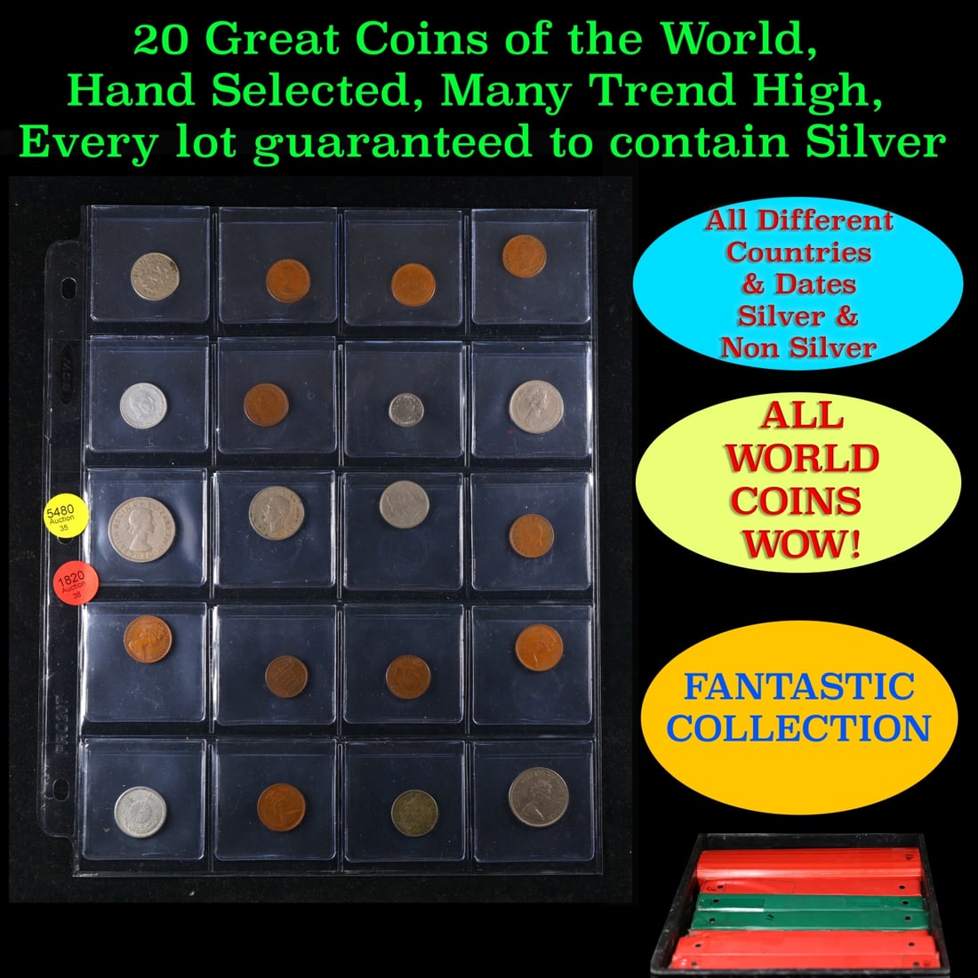 20 Great Coins of the World, hand selected, many trend high, every lot guaranteed to contain Silver.: 20 Great Coins of the World, hand selected, many trend high, every lot guaranteed to contain Silver.. We have received a huge collection of over 10 thousand US coins in flips, 2x2 holders, and 20 coin
