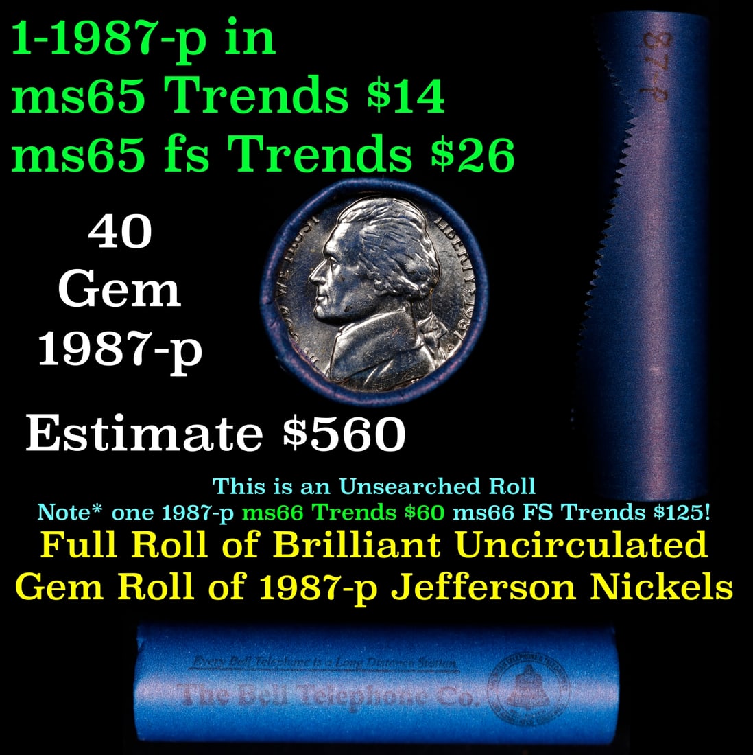 BU Shotgun Jefferson 5c roll, 1987-p 40 pcs Bank $2 Nickel Wrapper: BU Shotgun Jefferson 5c roll, 1987-p 40 pcs Bank $2 Nickel Wrapper.
